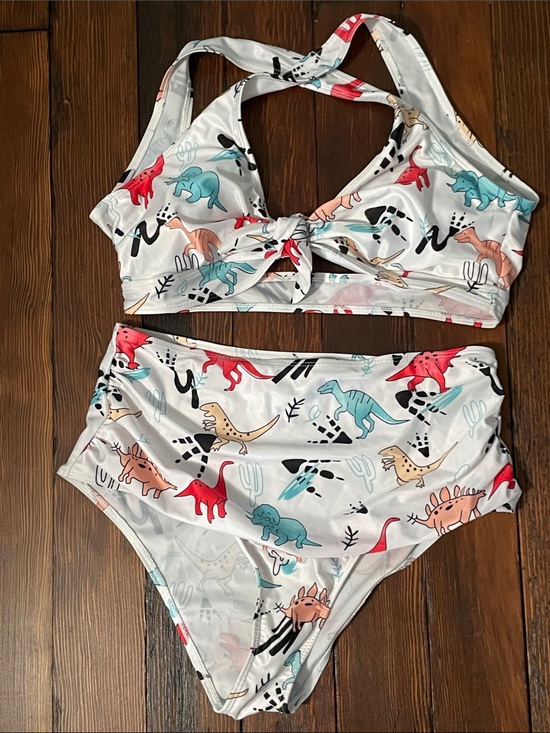 Other - Women's White Dinosaur Print Two-Piece High-Waist Swim Set